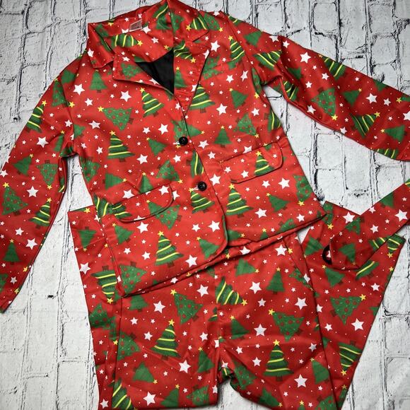 Boys 3-piece Ugly Christmas Suit Jacket Pants Tie Red Trees Small Halloween READ - Picture 10 of 10